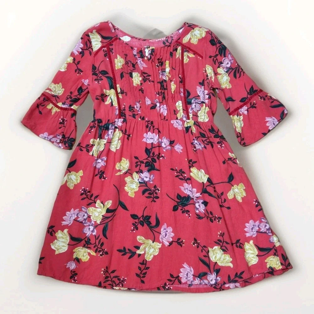 Old Navy 3/4 Bell Sleeve Pleated Red Floral Dress Youth XXL (16) Ad Small Travel